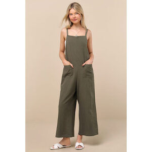 Lulus Claudie Sage Linen Sleeveless Cropped Jumpsuit Green - Size S